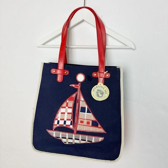 Spartina 449 Quarterdeck Beach Bag Tote Red+Navy New with Tags - Picture 1 of 9